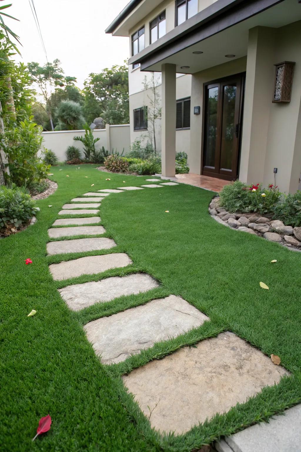 Delightful stepping stones fashion an enchanting route through the artificial grass.