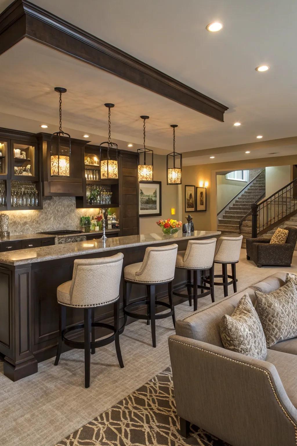Comfortable and stylish bar stools complete this modern bar.