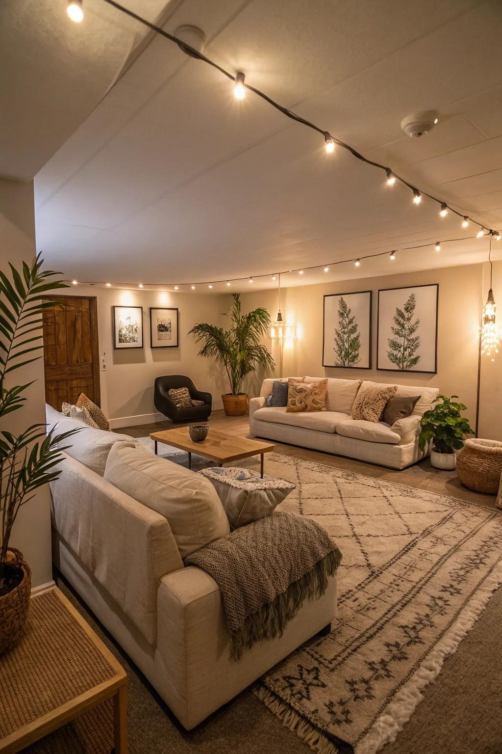 The lounge area is enveloped in a warm, inviting ambiance by ambient lighting.