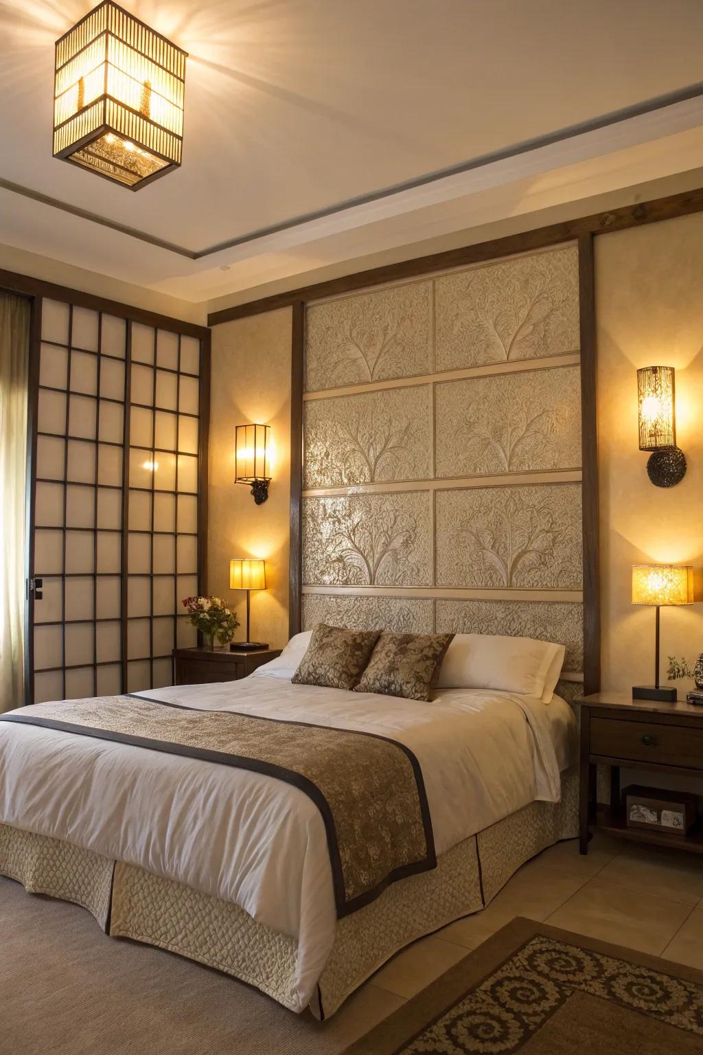 Lighting can emphasize your bed wall and cultivate a calming atmosphere.
