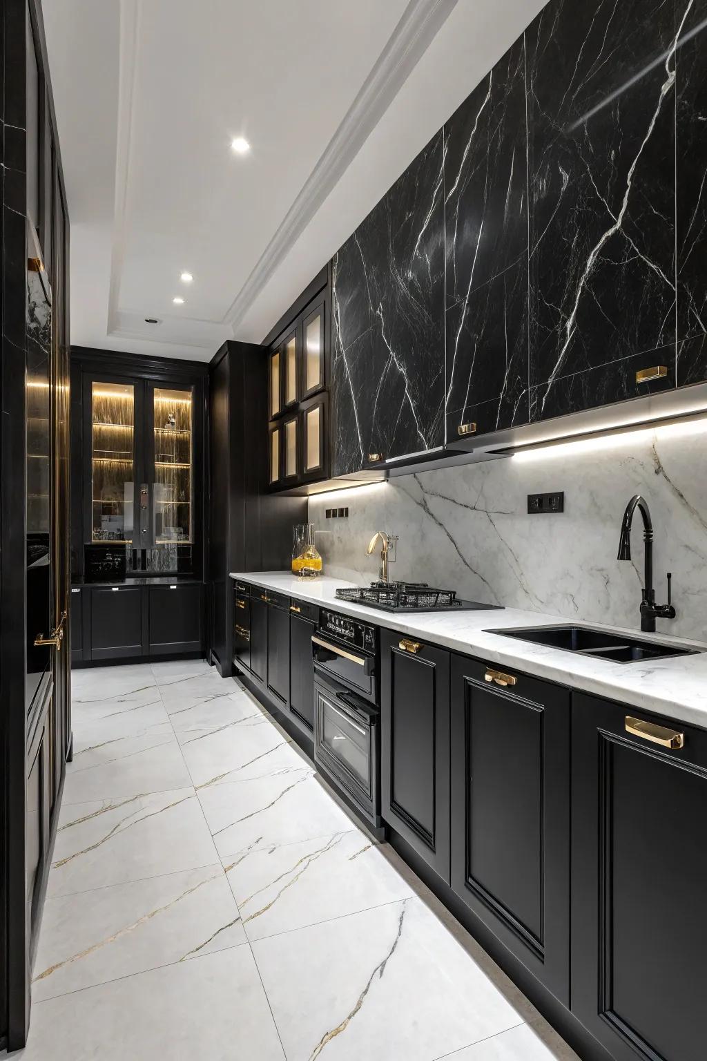Lavish anthracite marble imparts refinement to this kitchen.