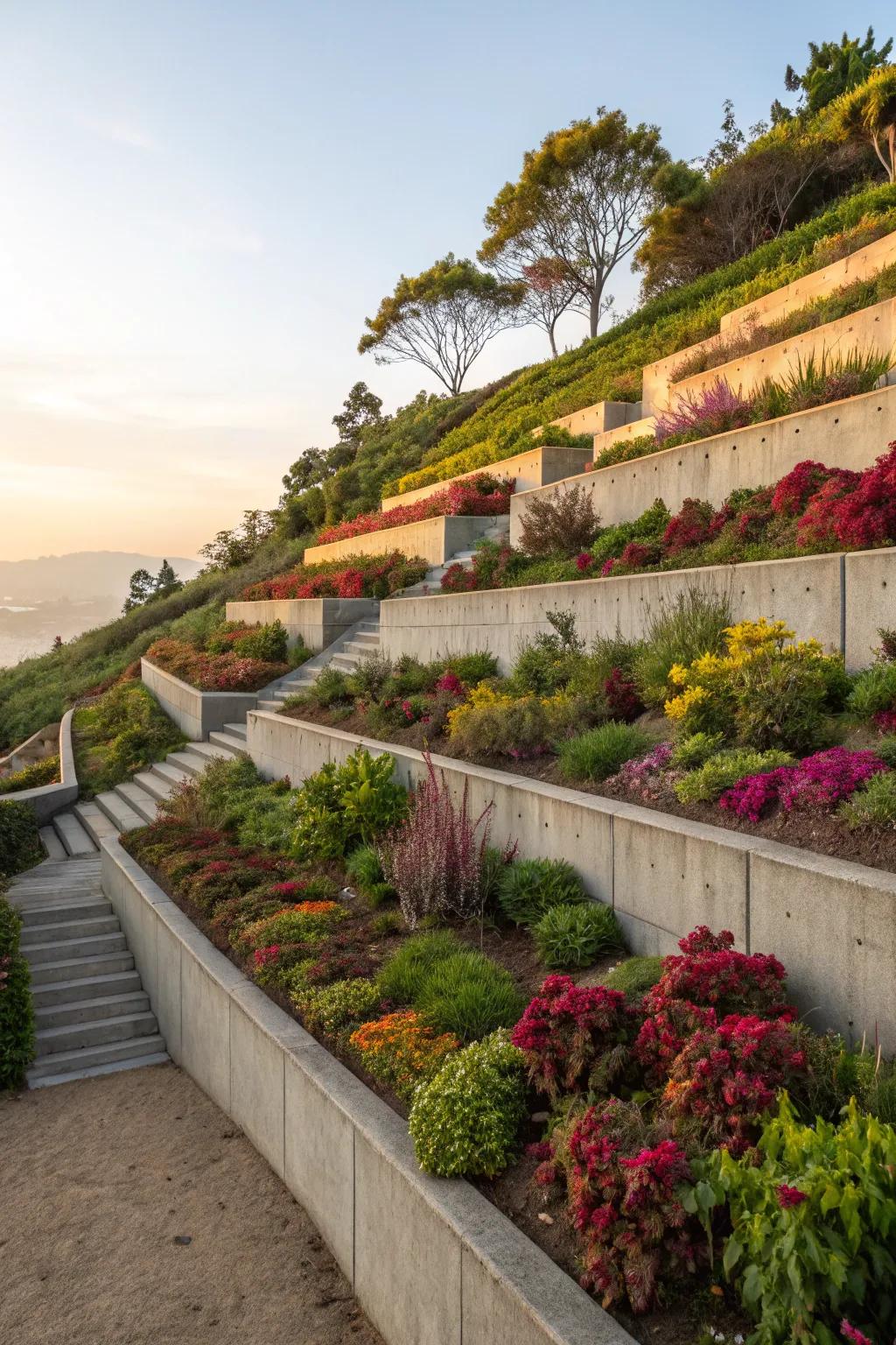 Terraced garden featuring concrete walls, optimizing planting room.