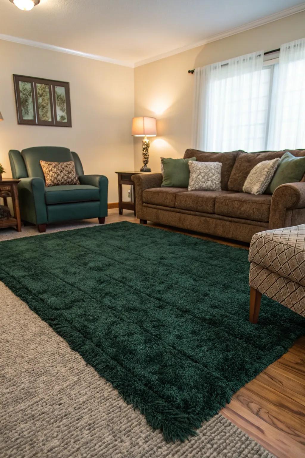 A textured floor covering adds dimension and coziness to a contemporary living room.