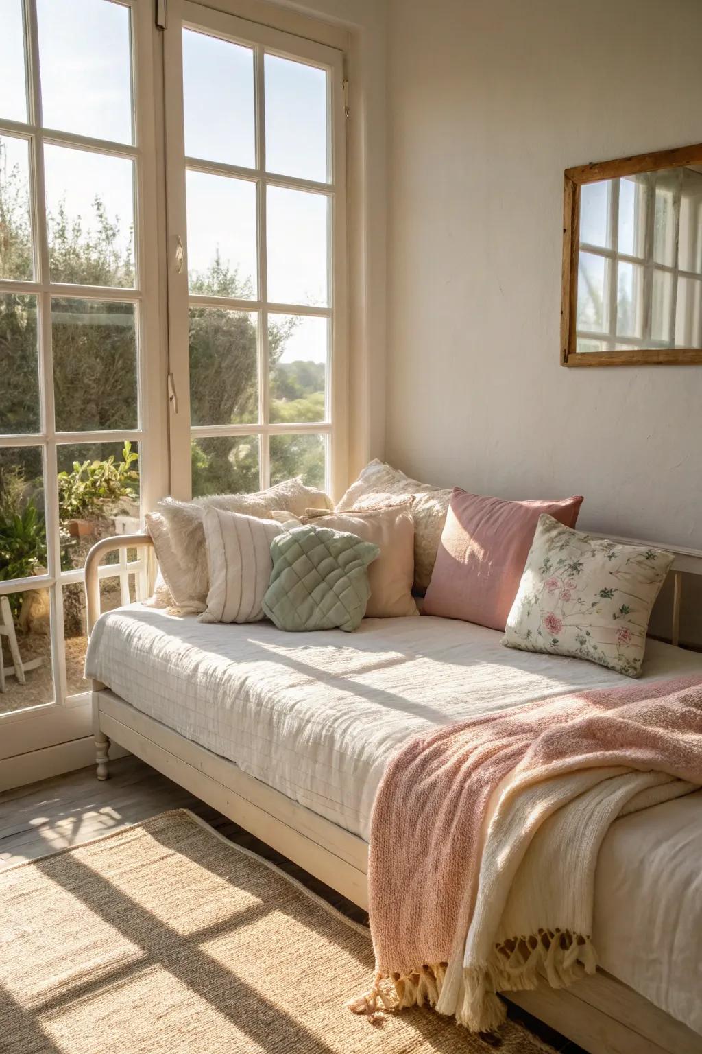 A daybed placed to maximize sunlight, improving the room's airy feel.