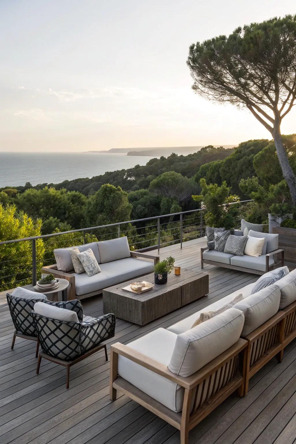A deck fashioned as a welcoming outdoor living area.