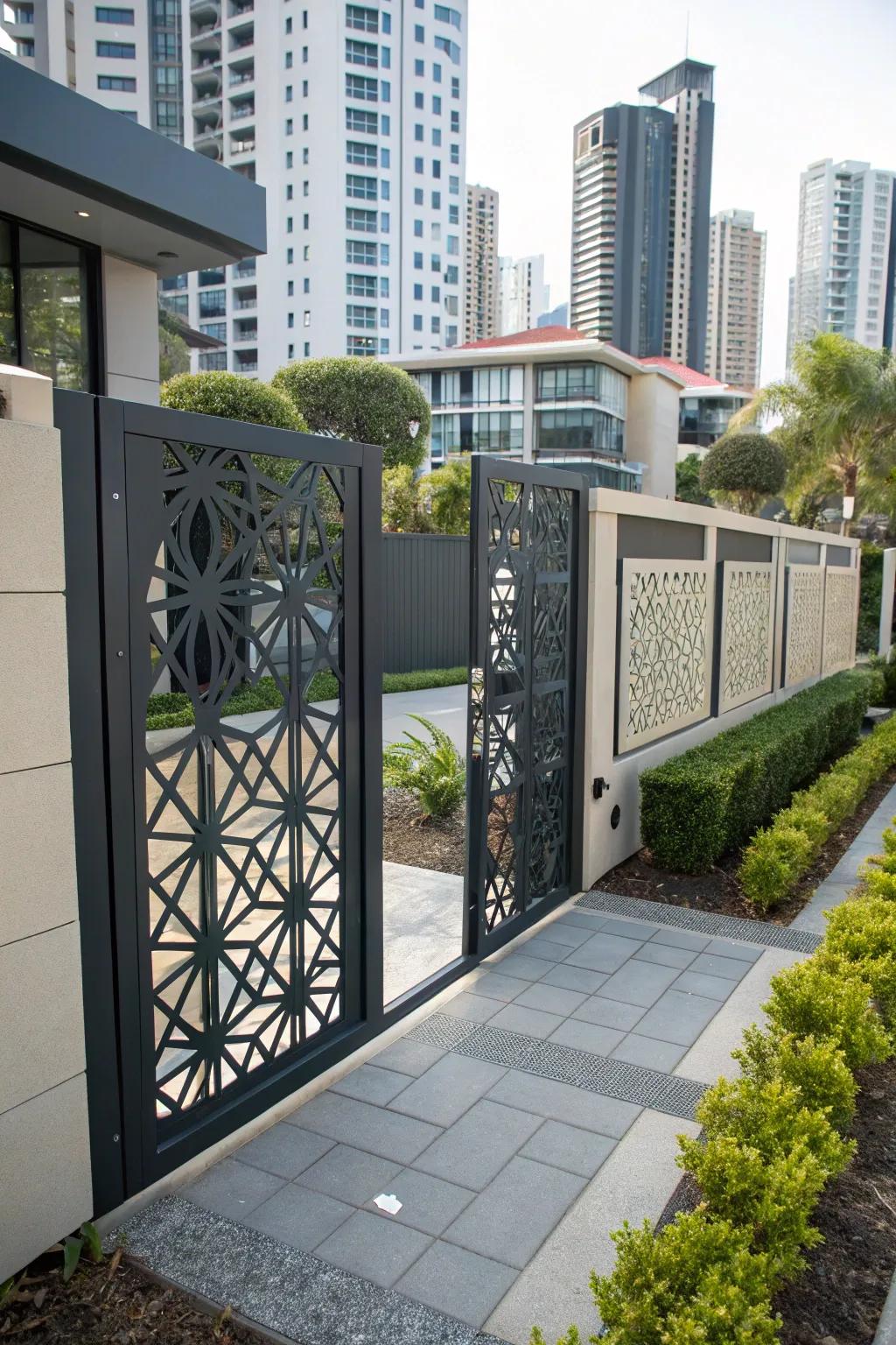 Geometric patterns add a bold and modern flair to driveway gates.