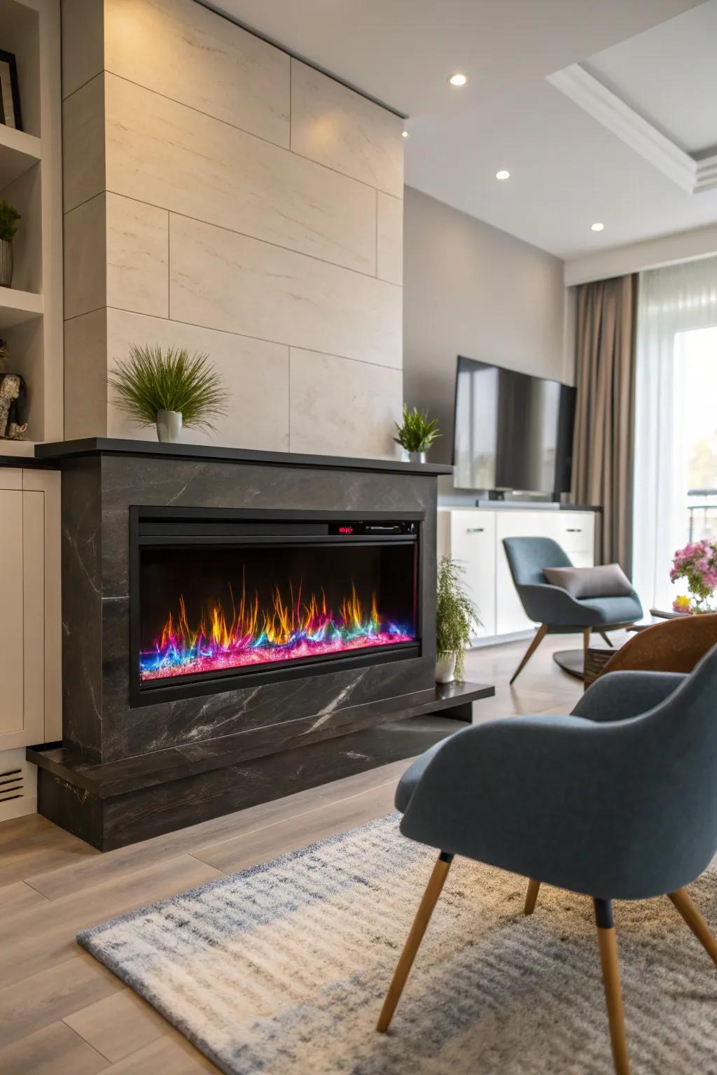A modern interior showcasing an electric fireplace with vivid multicolor flames.