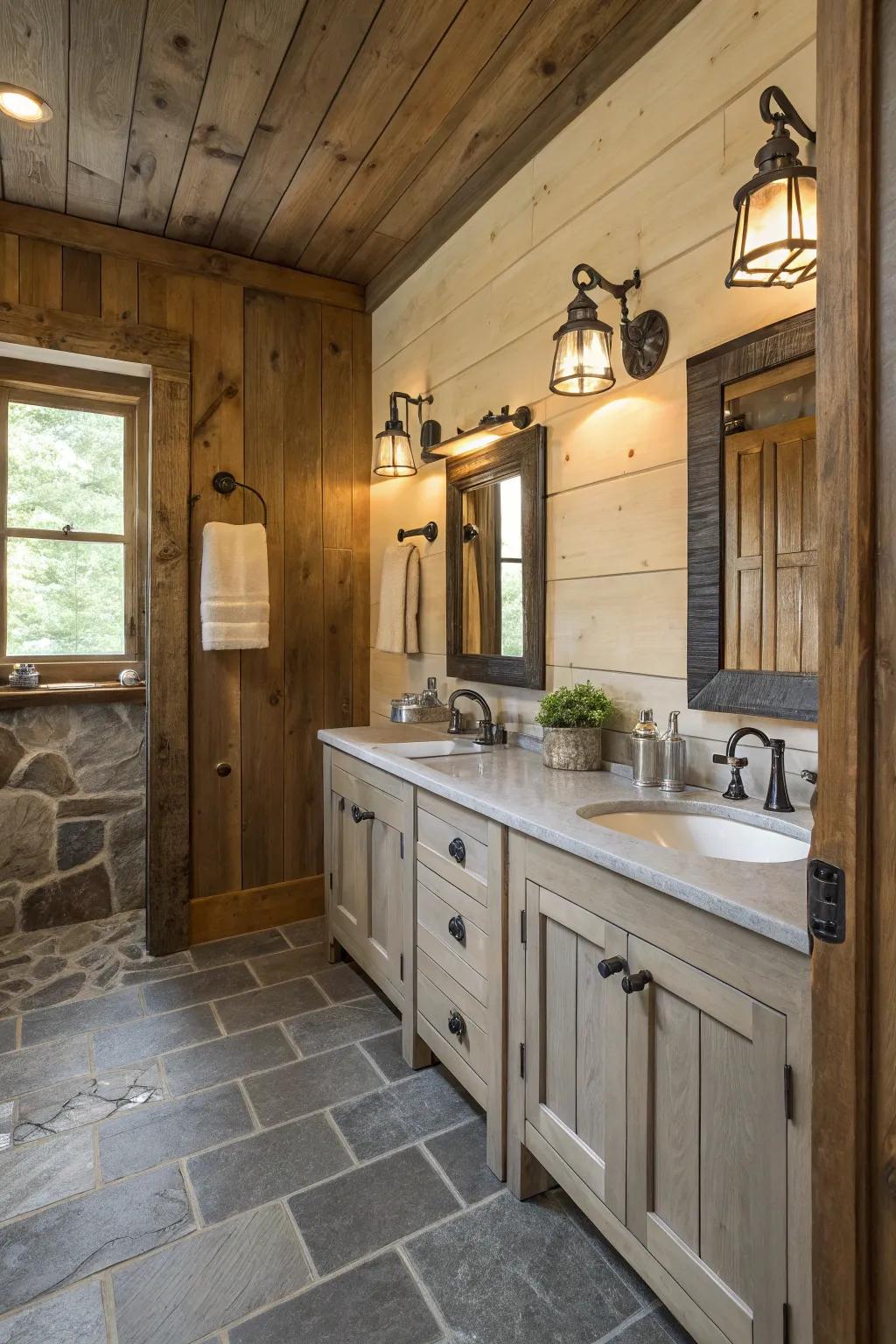 Factory-style lamps incorporate old-fashioned allure to this contemporary bathroom.