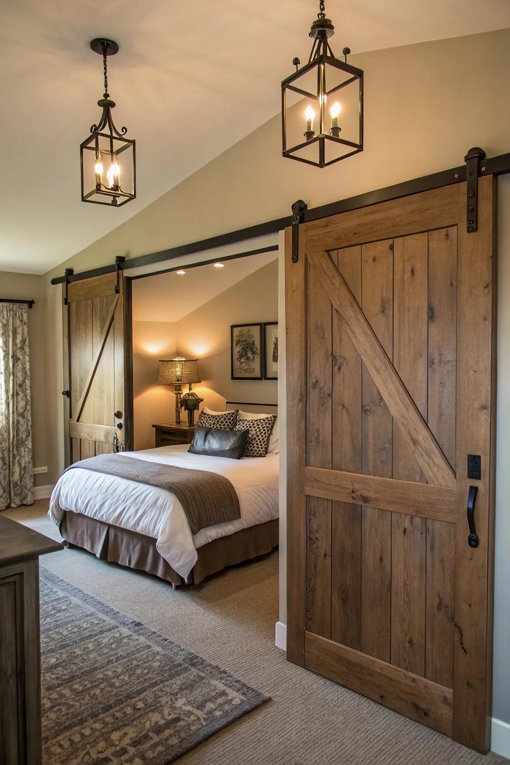 Farmhouse decor features such as barn-style doors impart country elegance.