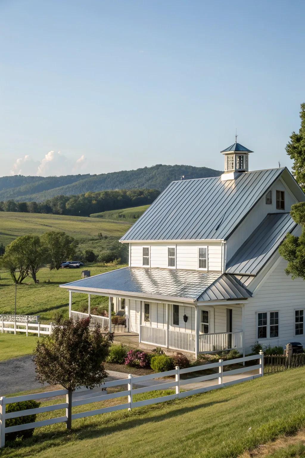 Sleek elegance: A farmhouse enhanced with a smooth joint metal roof.