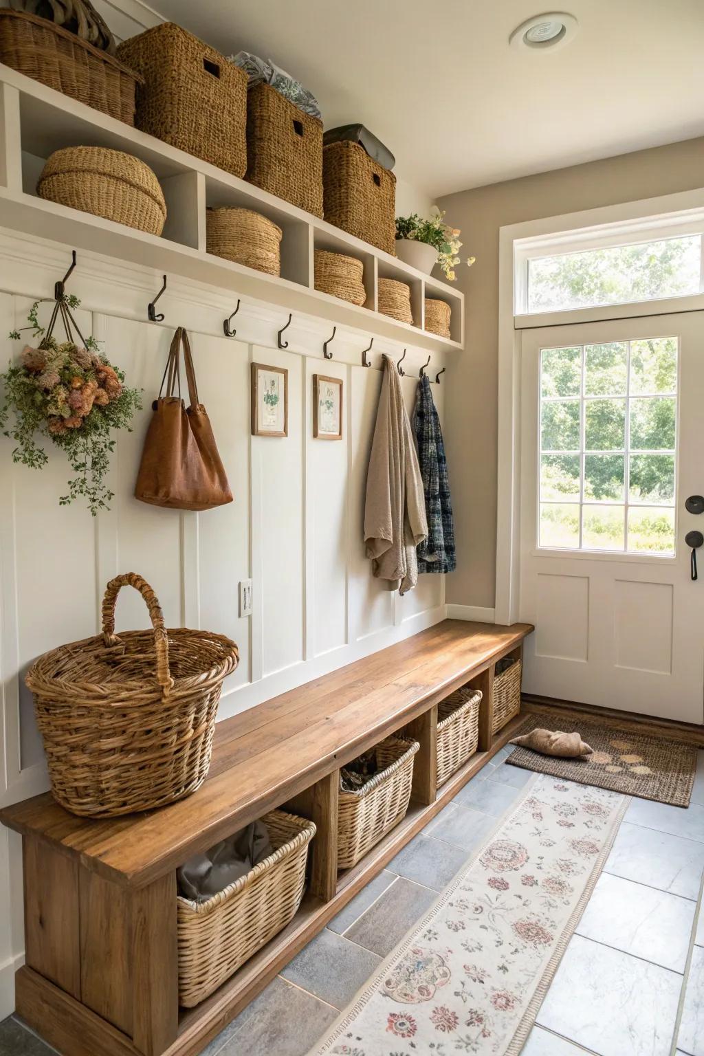 Stylish mudroom featuring woven containers for increased texture.