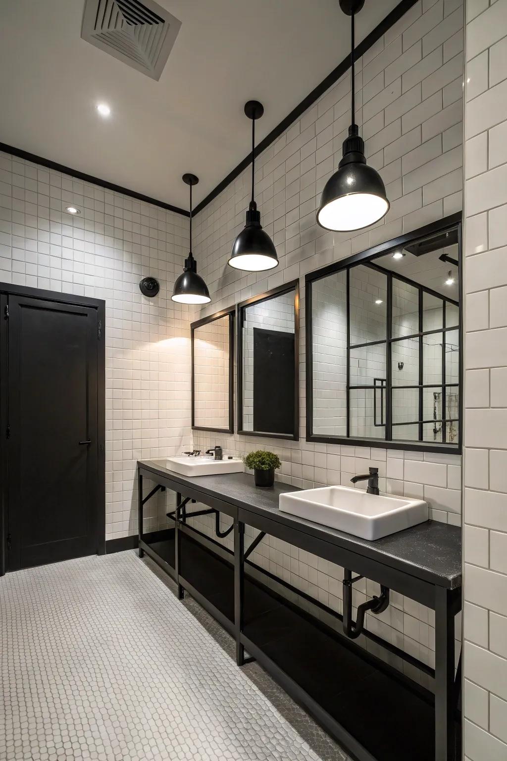 Industrial black lighting fixtures within a modern farmhouse washroom.