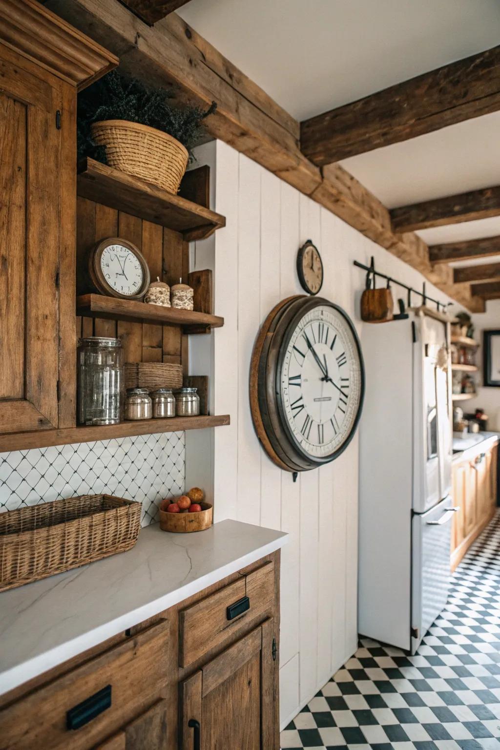 Retro-style timepiece on a modern farmhouse kitchen wall.