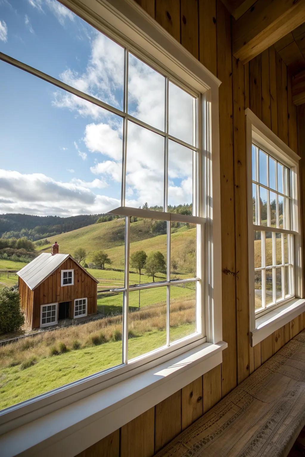 Large frames put the spotlight on the window view in a farmhouse-style room.