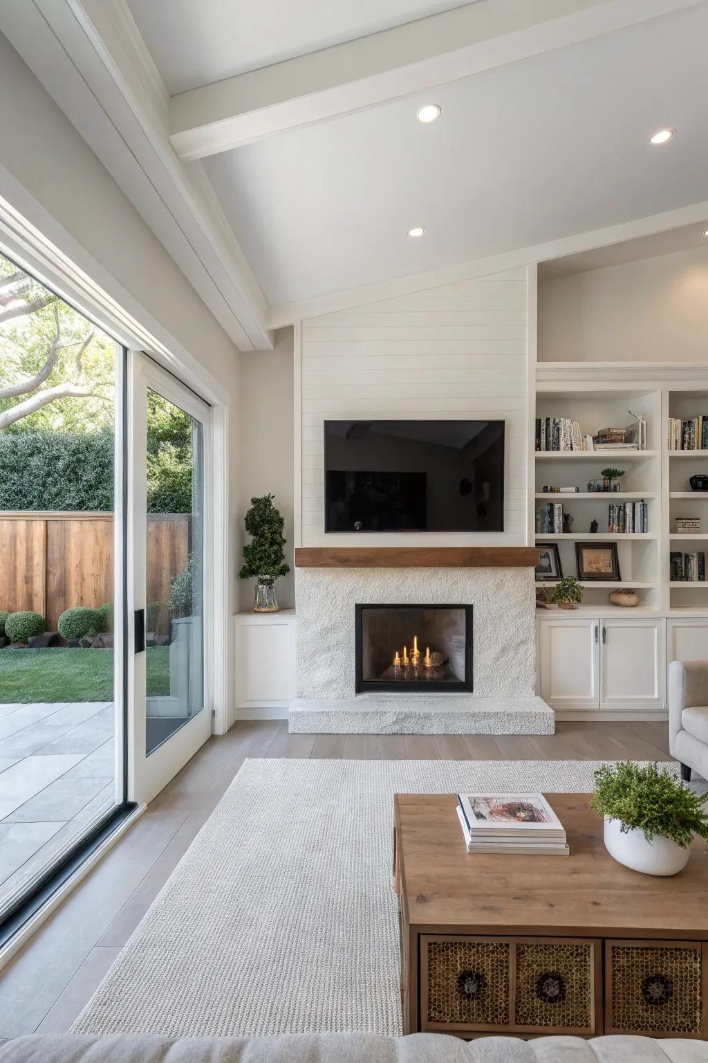An inset alcove provides a streamlined look for a TV positioned above a fireplace.