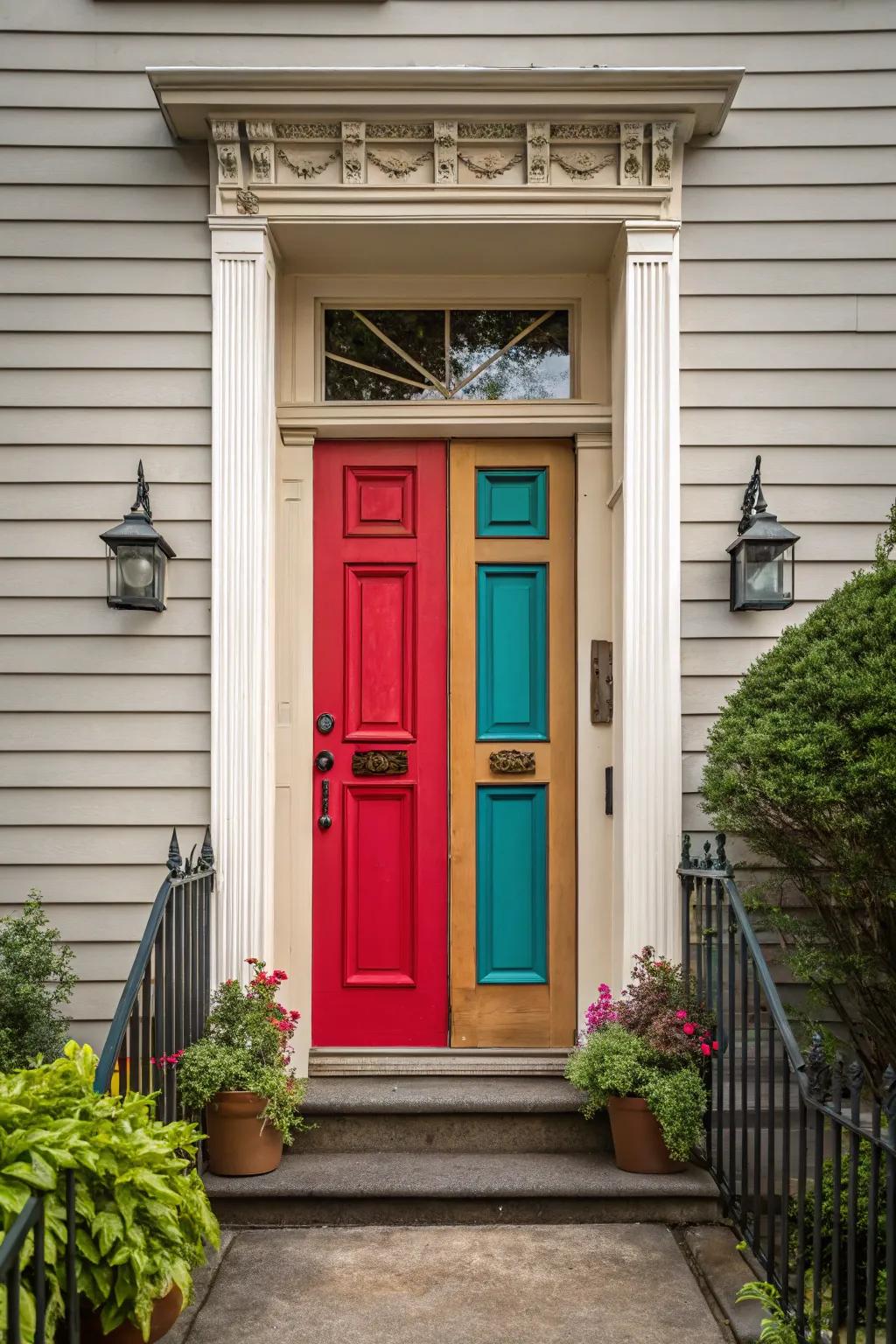 Create a striking entrance with high-contrast door colors.