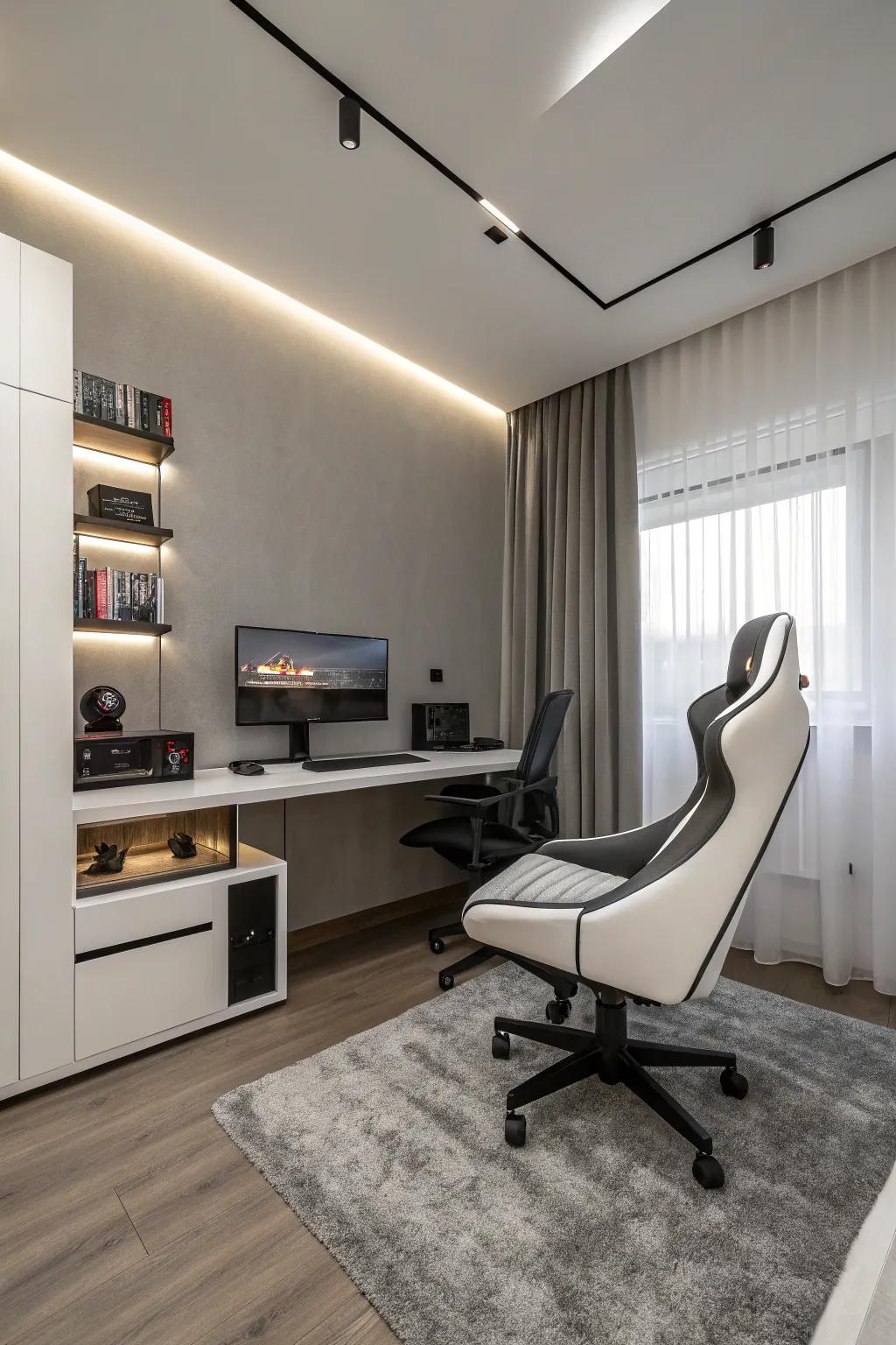 A streamlined gaming chamber with chic furniture and a futuristic design.