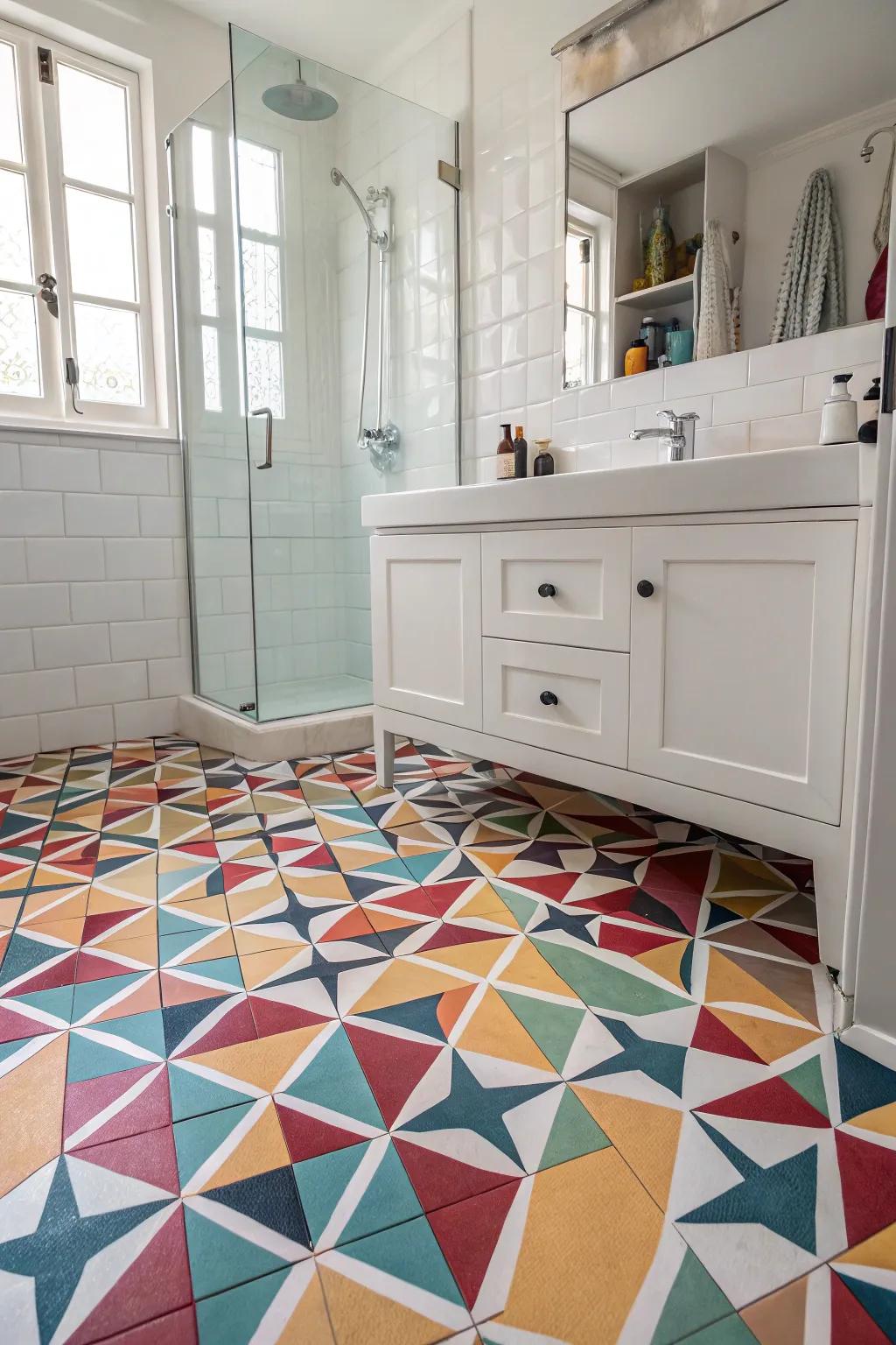 A bathroom featuring striking geometric patterned ground segments that inject visual intrigue.