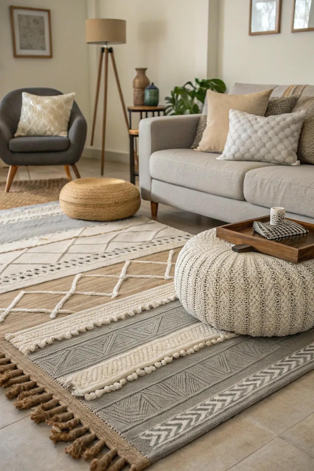 Tiered floor coverings introduce texture and comfort to the lounge.