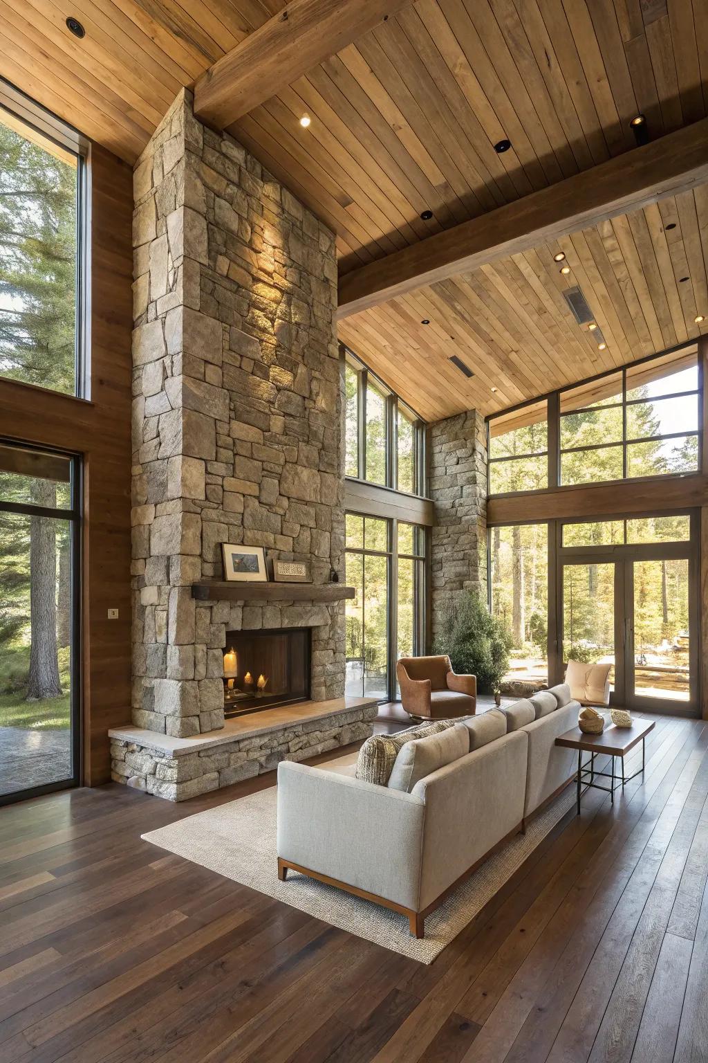 A contemporary interior showcasing wood and stone components.