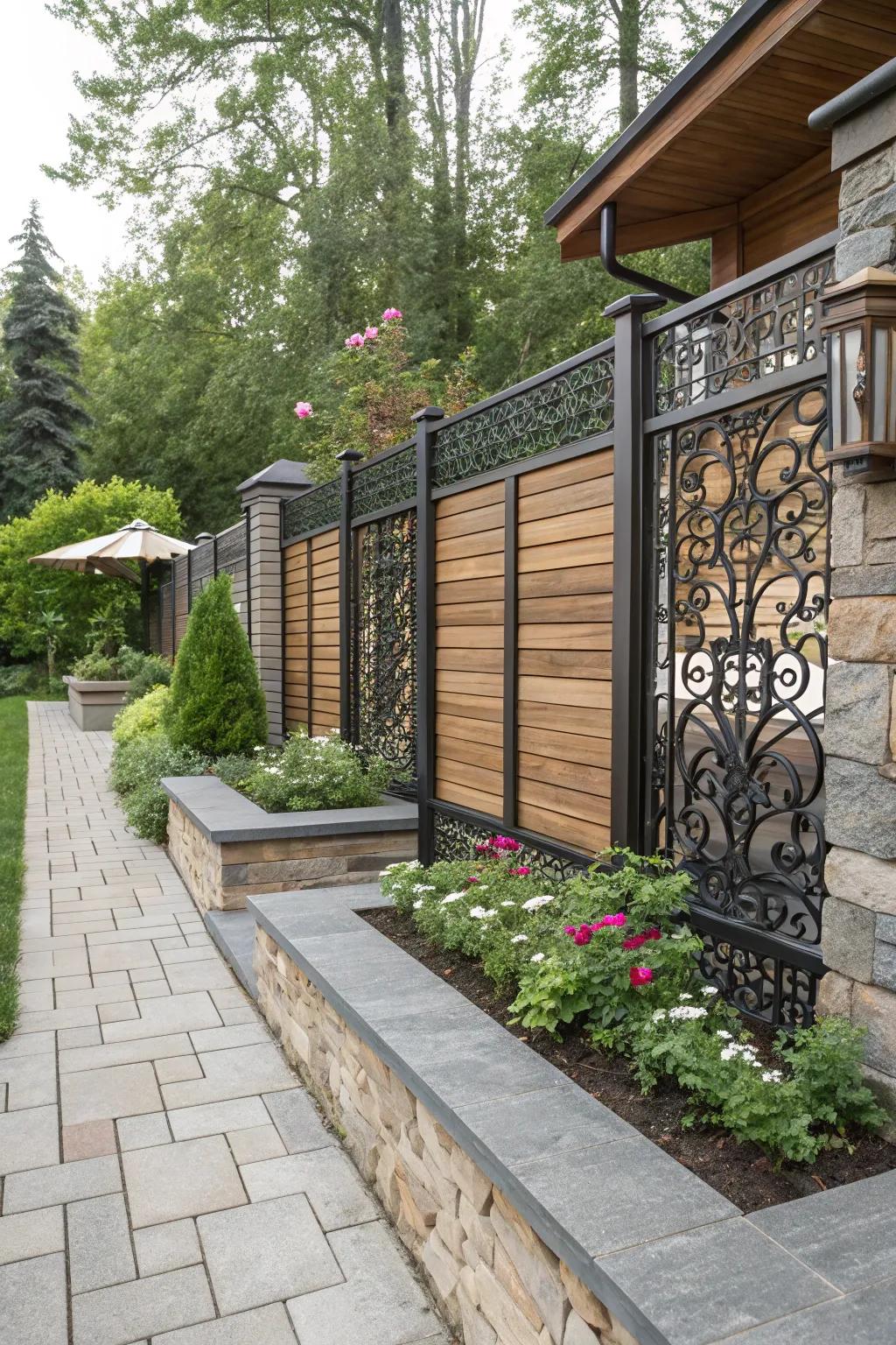 Combining materials creates a captivating contrast in contemporary fence designs.