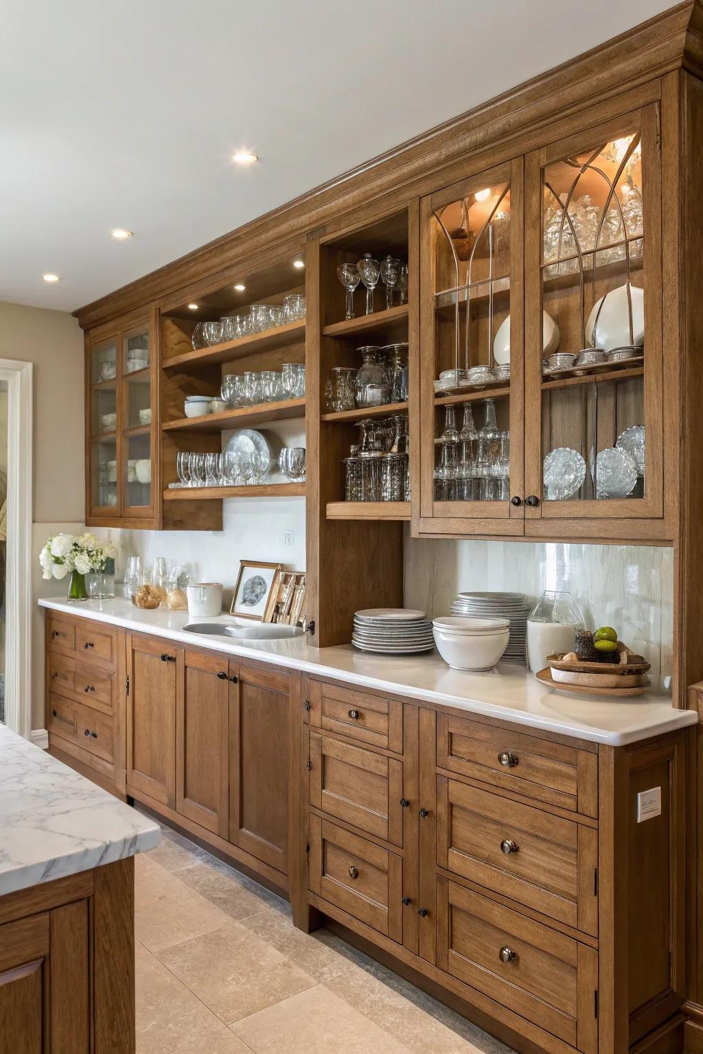 Exposed shelves enhance the cozy tones of golden-toned cabinetry, offering both style and function.