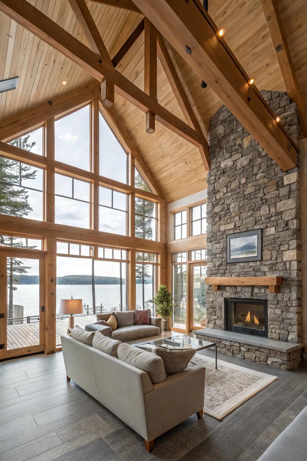 Earthy materials add warmth and texture to your modern lake house.