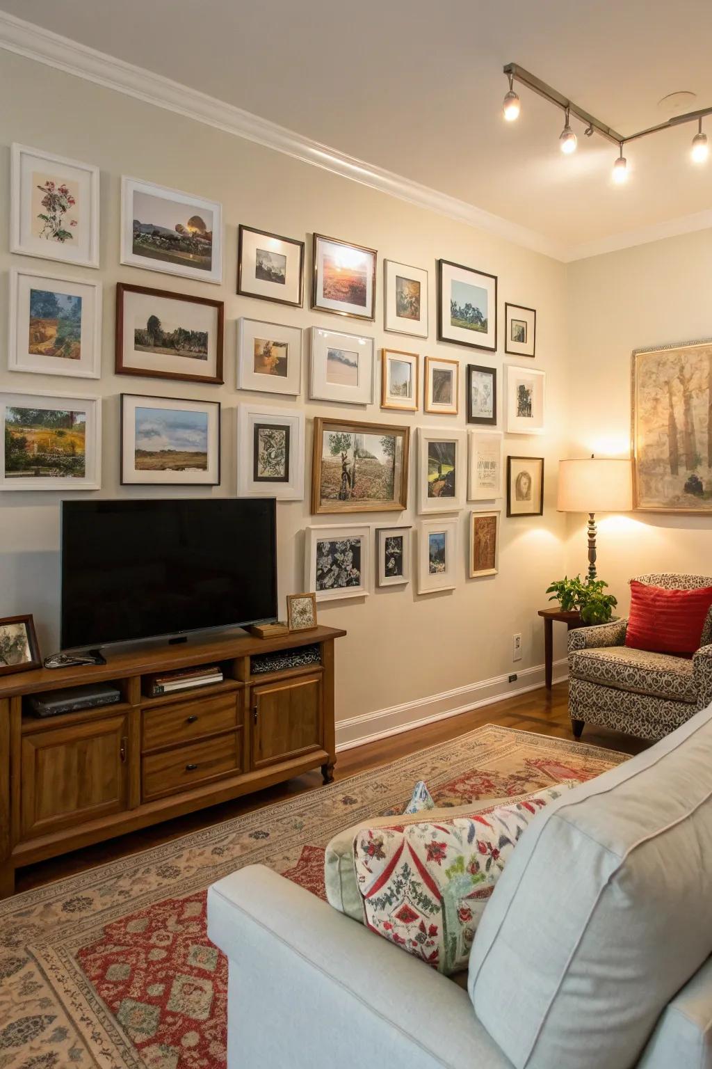 A gallery wall adds a personal touch and visual interest to the family room.