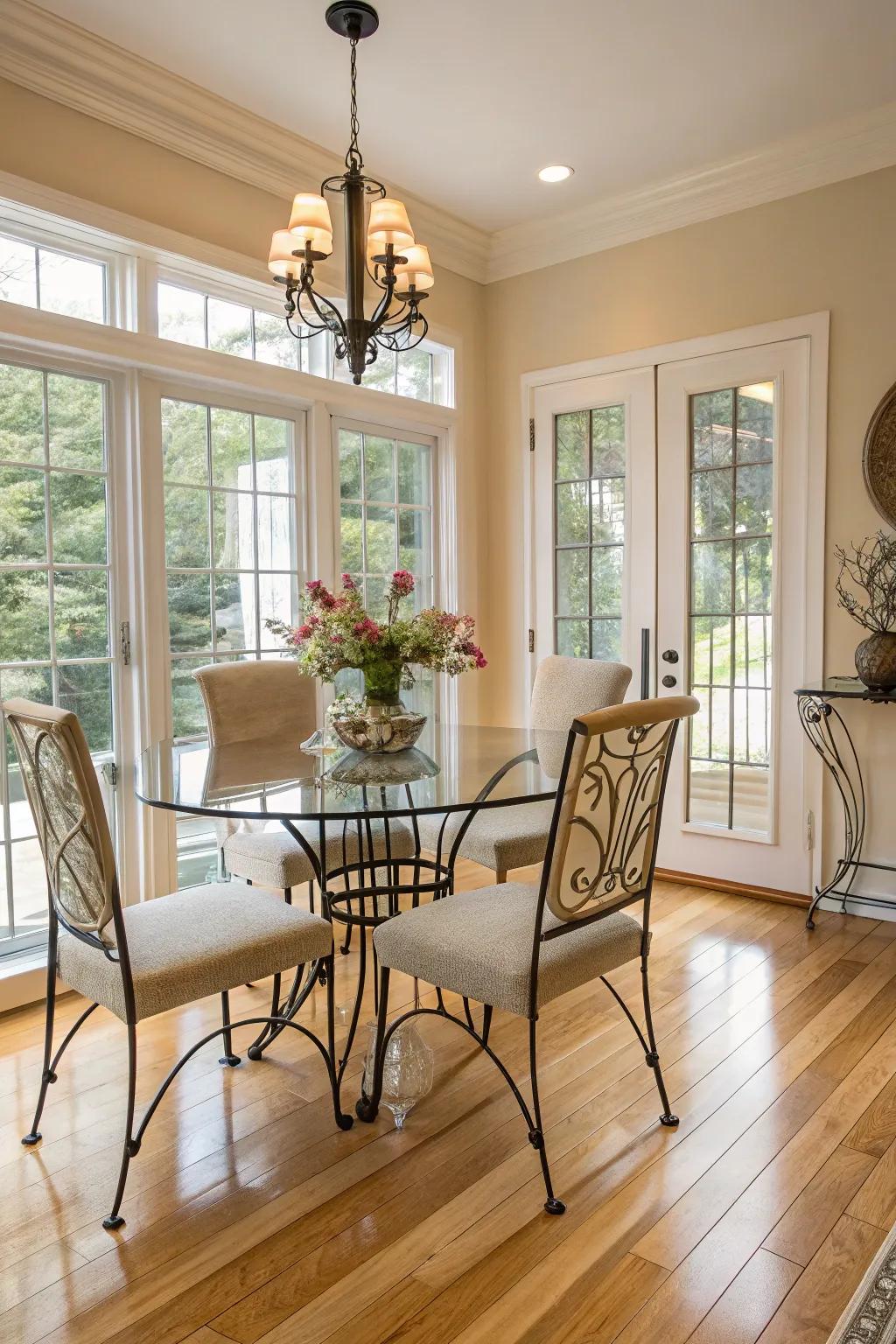 A stylish mix of materials over light wood floors.