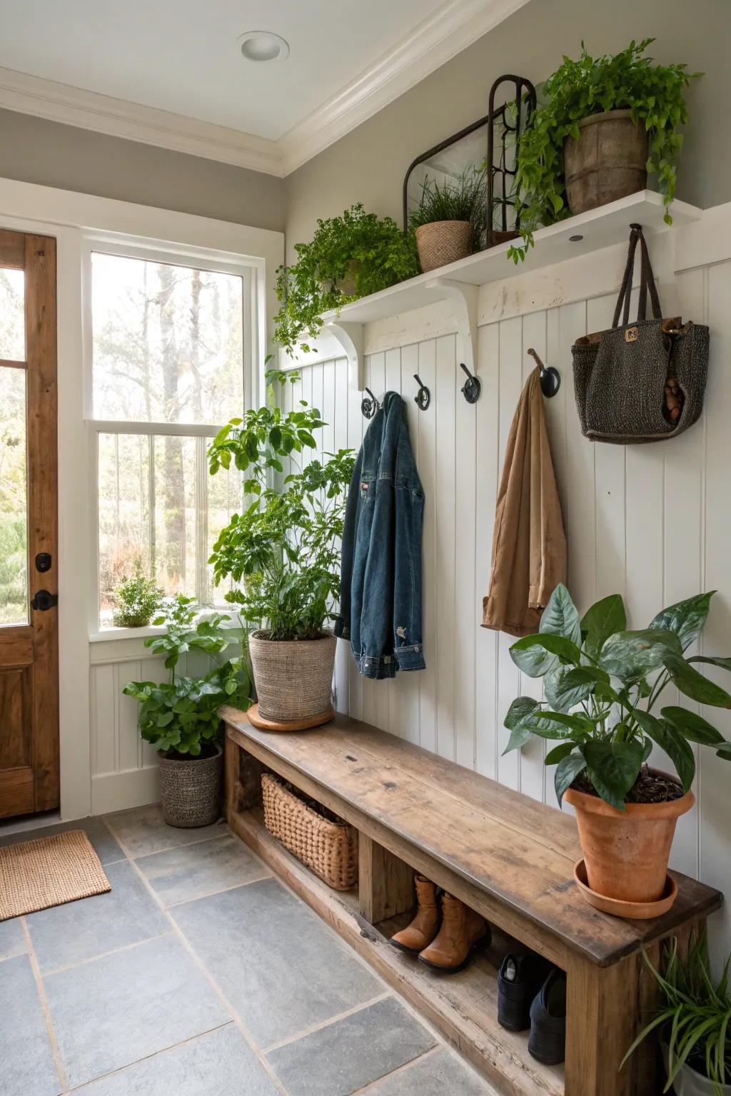 Your mudroom will be filled with color and life by lush plants.
