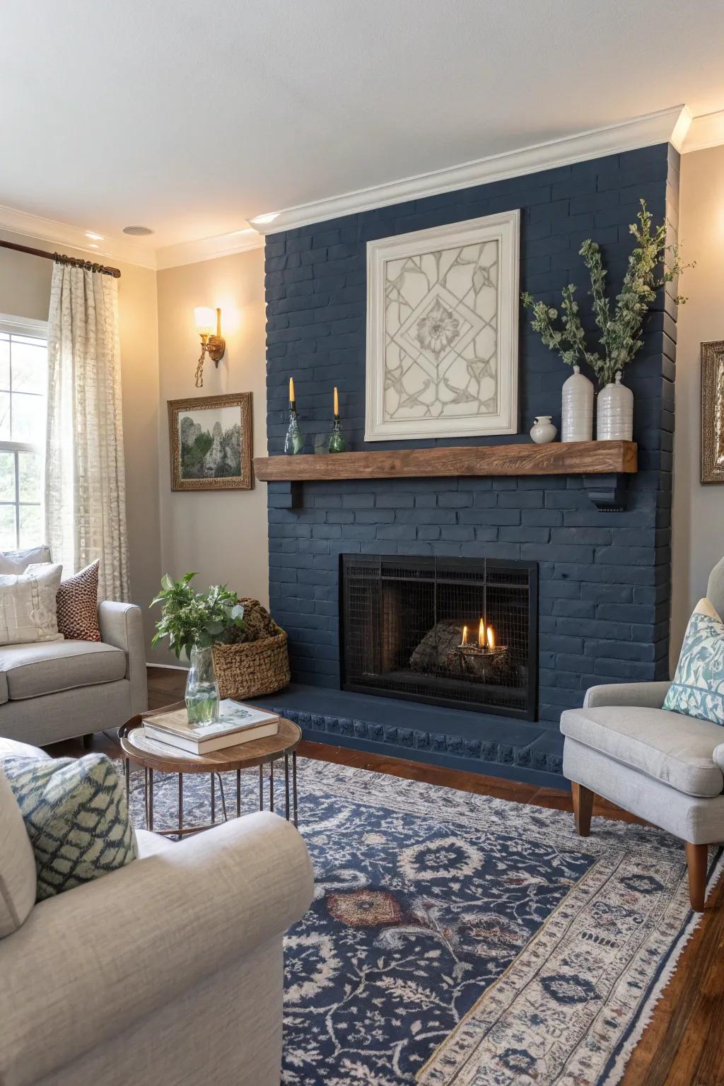 Deep blue-painted brick fireplace delivers sophistication and tranquility.