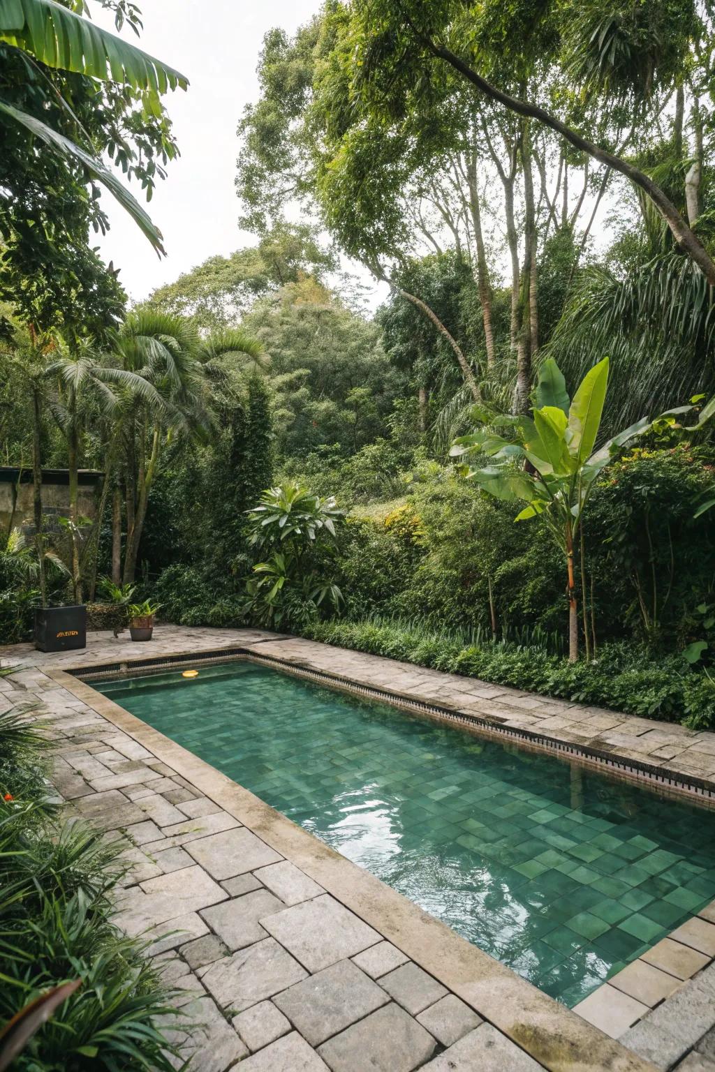 Nature-inspired stone tiles blend seamlessly with lush, verdant environments.