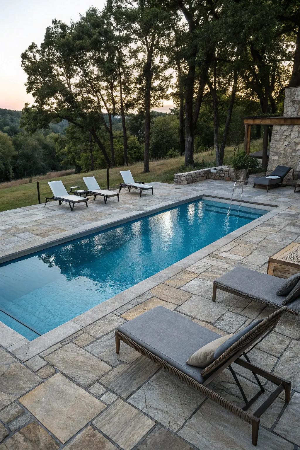 Contemporary platforming enhances the pool's aesthetic.