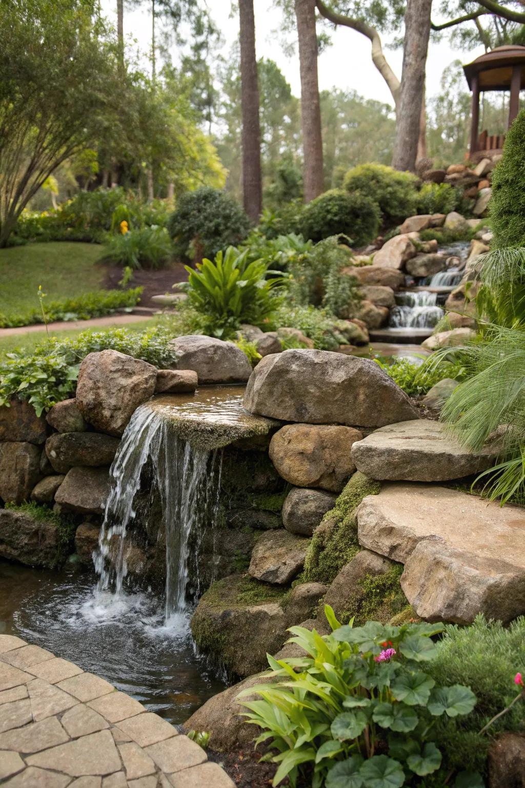 A stone cascade feature brings calm and motion to your garden.