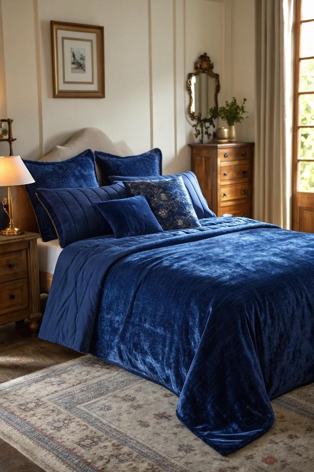 Sapphire blue silken bedding introduces a sensation of richness and coziness.