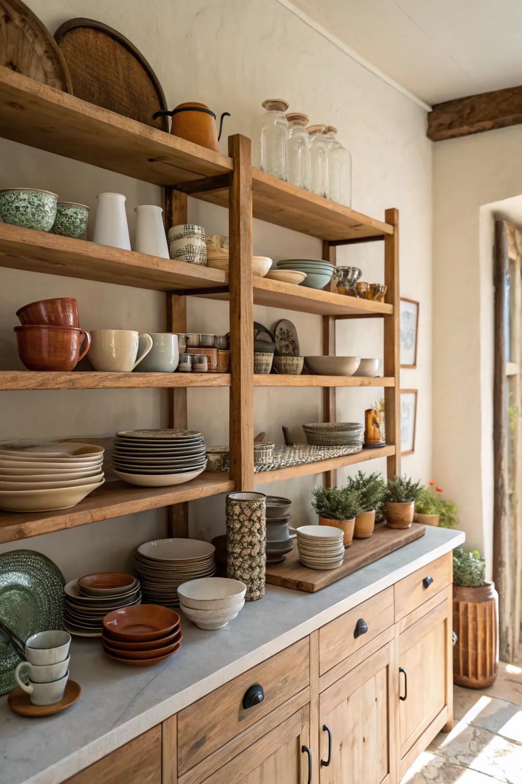 Uncovered shelves provide an excellent balance of utility and the opportunity to showcase personal touches.