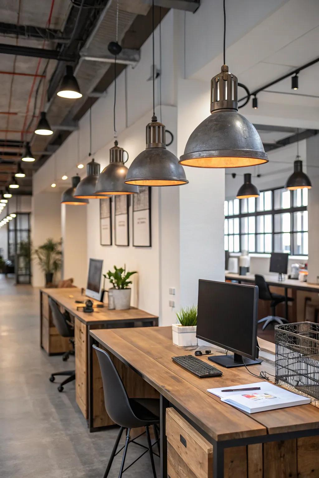 Industrial-style lighting imparts a modern sharpness to rustic office design.
