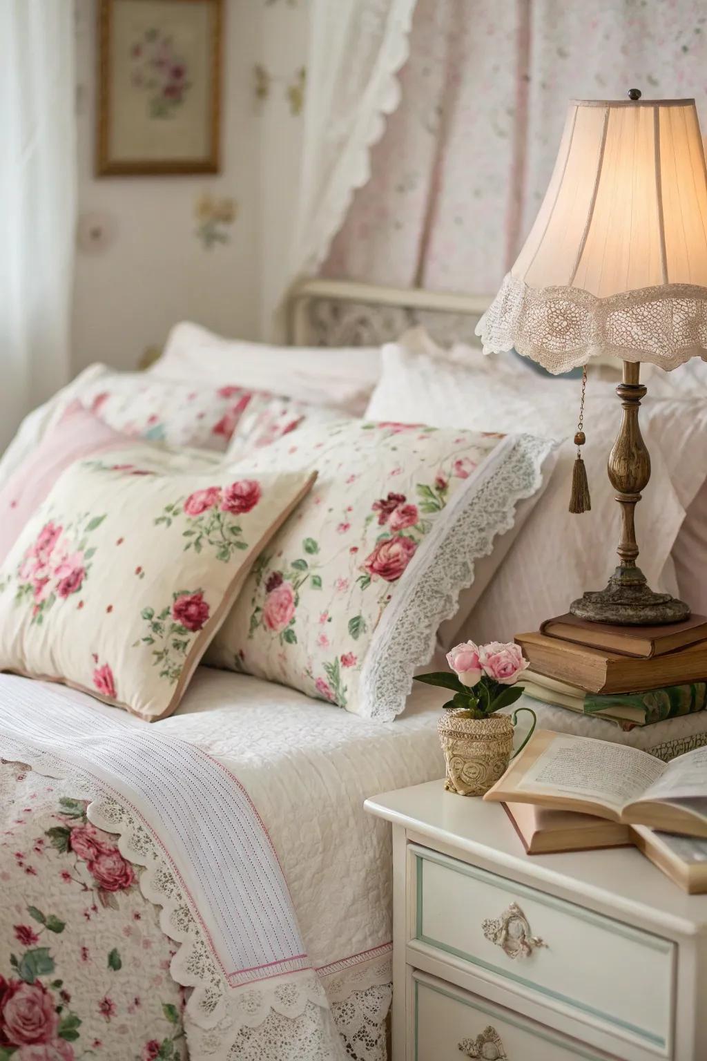 Delicate floral patterns add a gentle refinement to this modern-vintage bedroom.