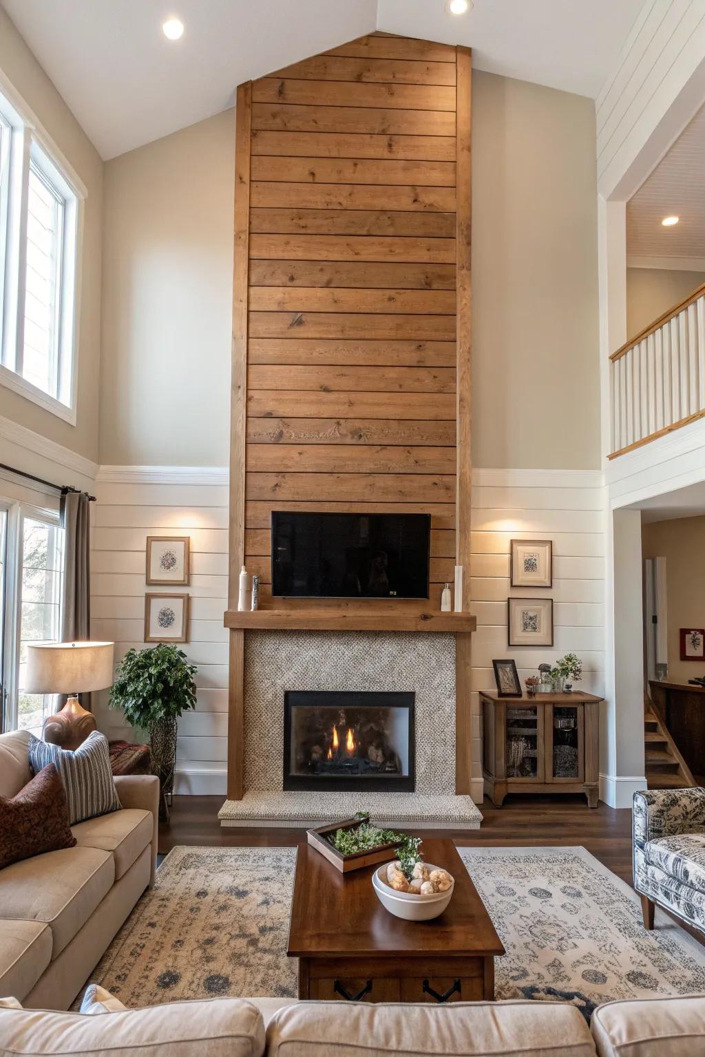 A vertical shiplap fireplace that visually enhances the room's height.