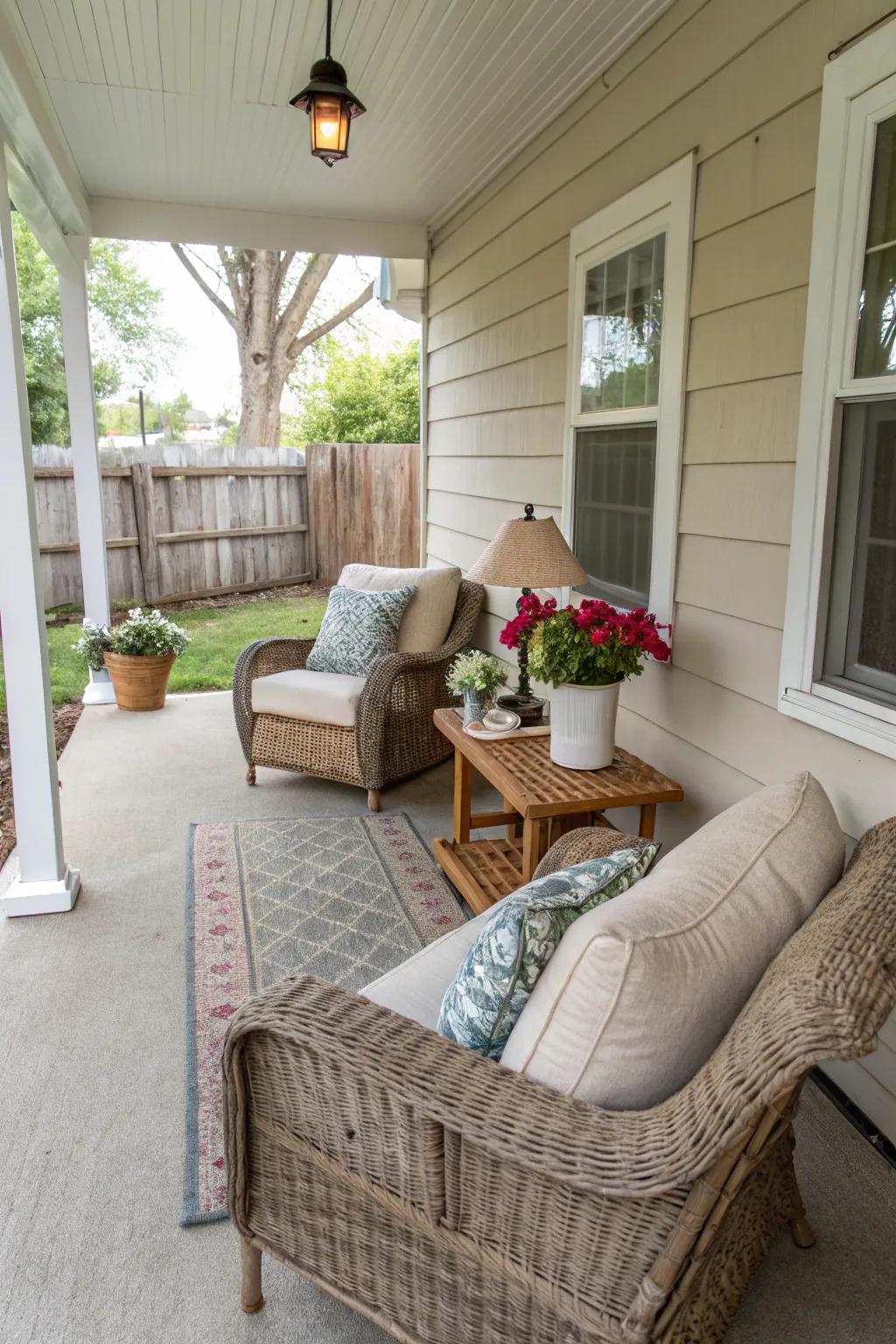 A small front porch showcasing pleasant seating arrangements for unwinding.
