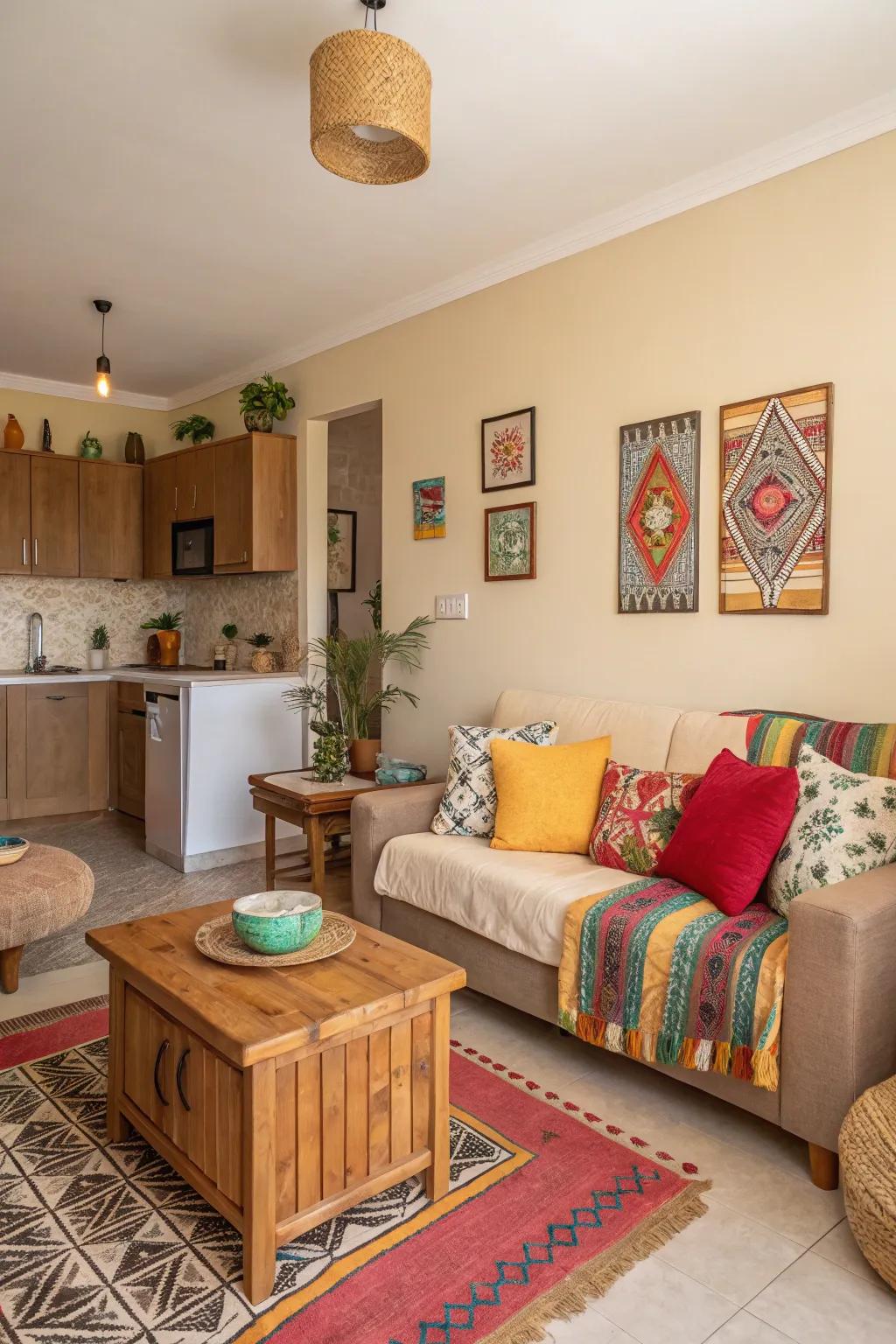 A studio featuring neutral, earthy tones with splashes of color for a bit of fun.