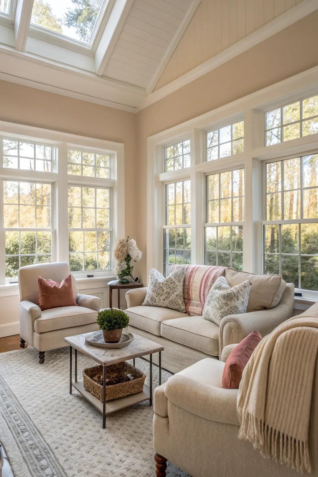 A relaxing neutral color scheme enhances the peace of this sunroom.