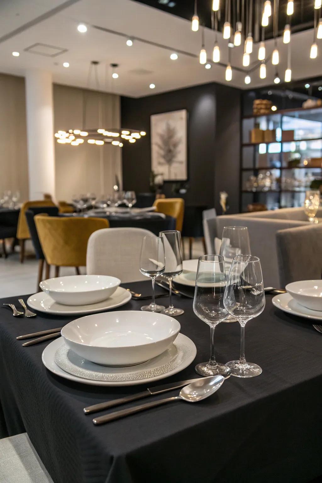 A strong black table covering creates a dramatic dining atmosphere.