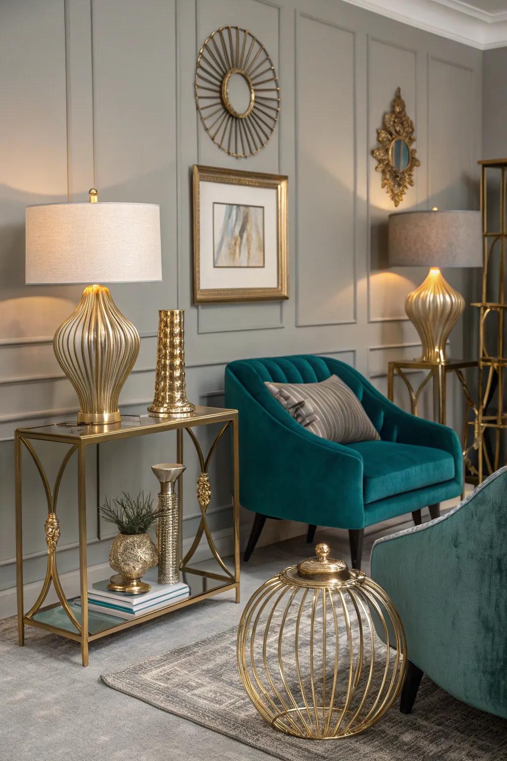 Metallic accents enhance the glamour of a teal and grey living space.