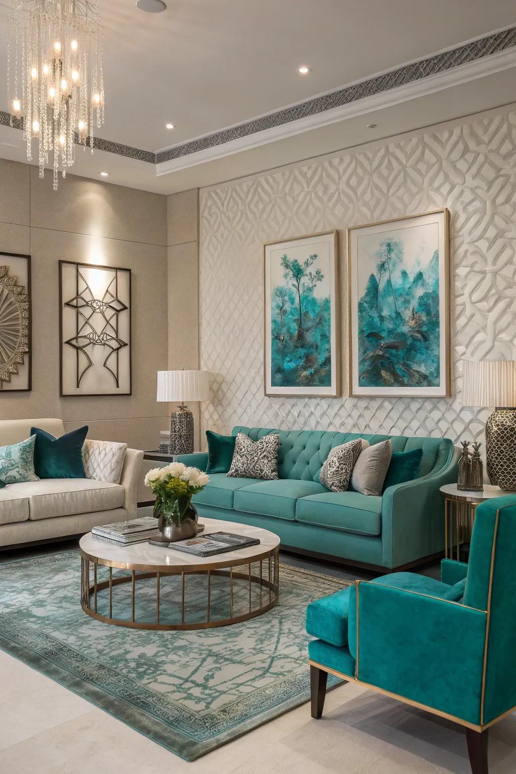 Art pieces with teal hues infuse personality and cohesion into the living space.