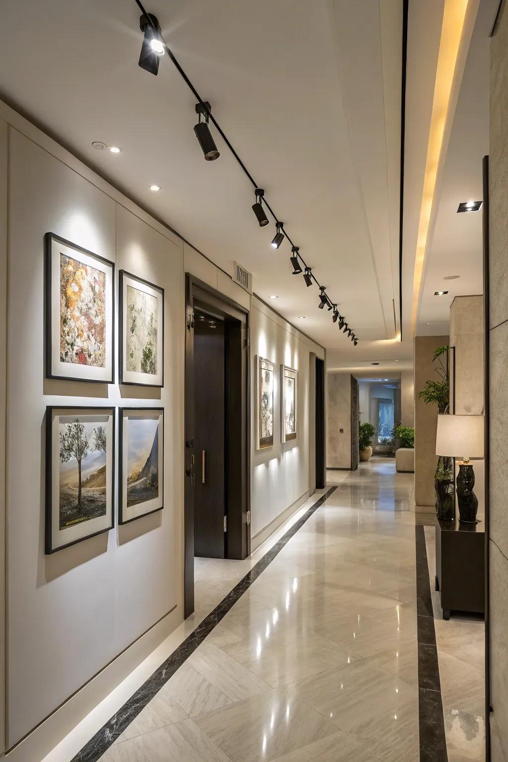 Adjustable track lighting highlighting artwork in a modern hallway.