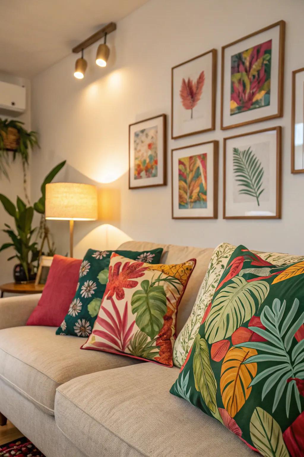 Tropical graphics amplify vibrancy and interest to the decor.