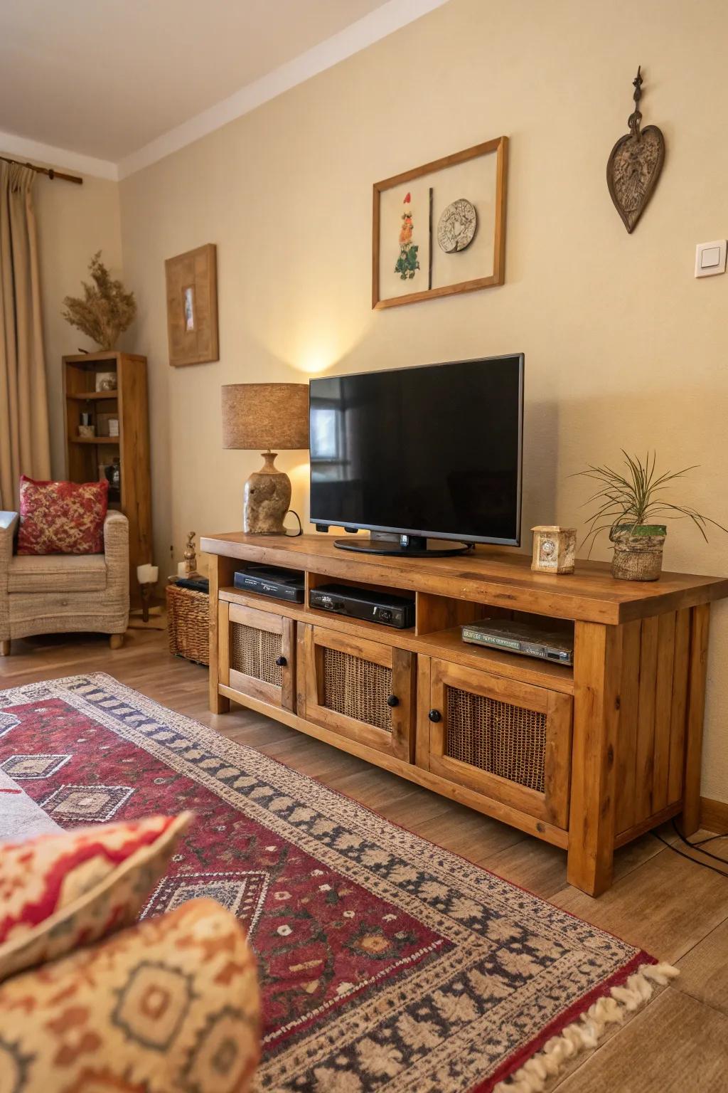 A real wood TV stand bringing warmth to the space.