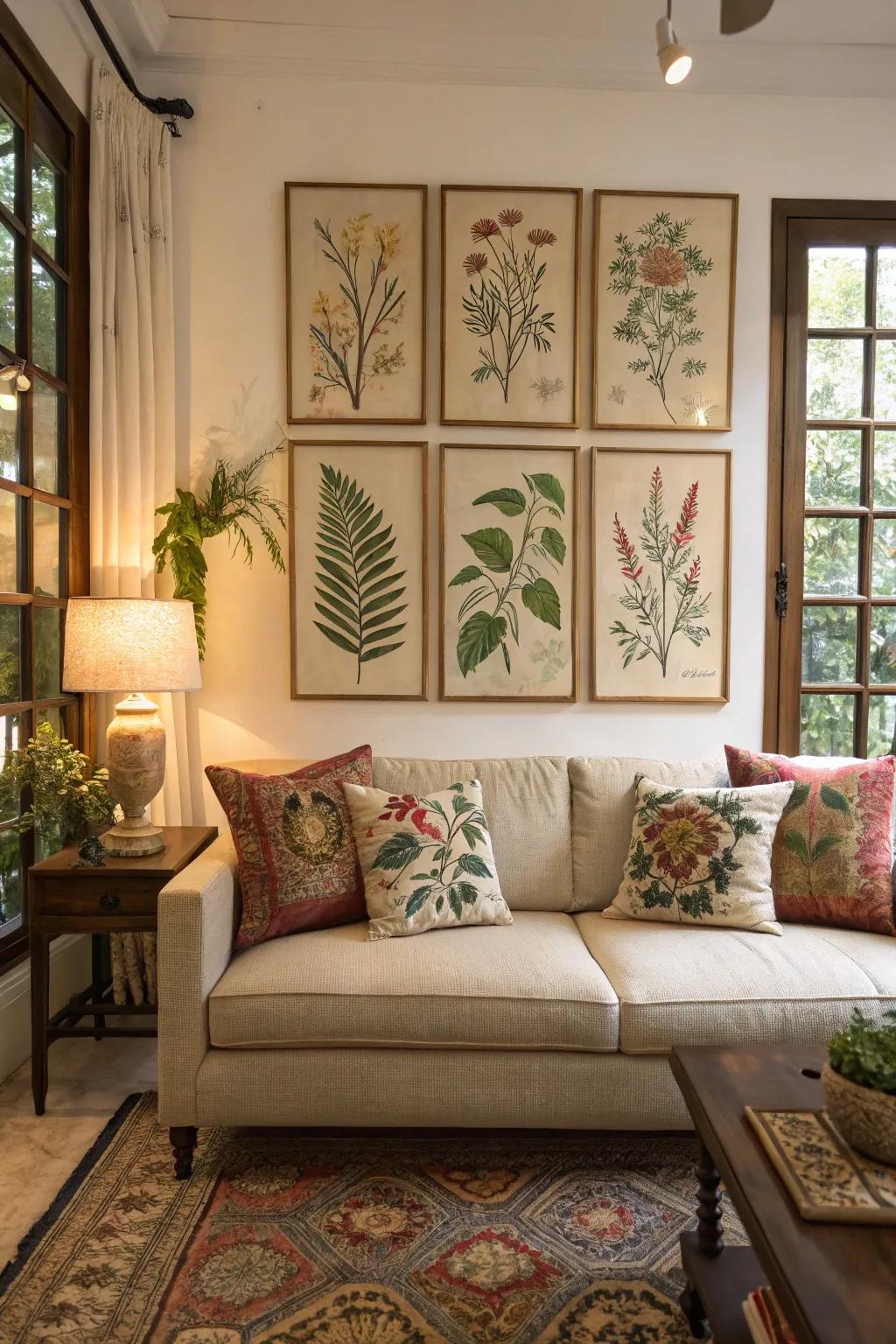 Botanical prints introduce a serene and natural atmosphere.