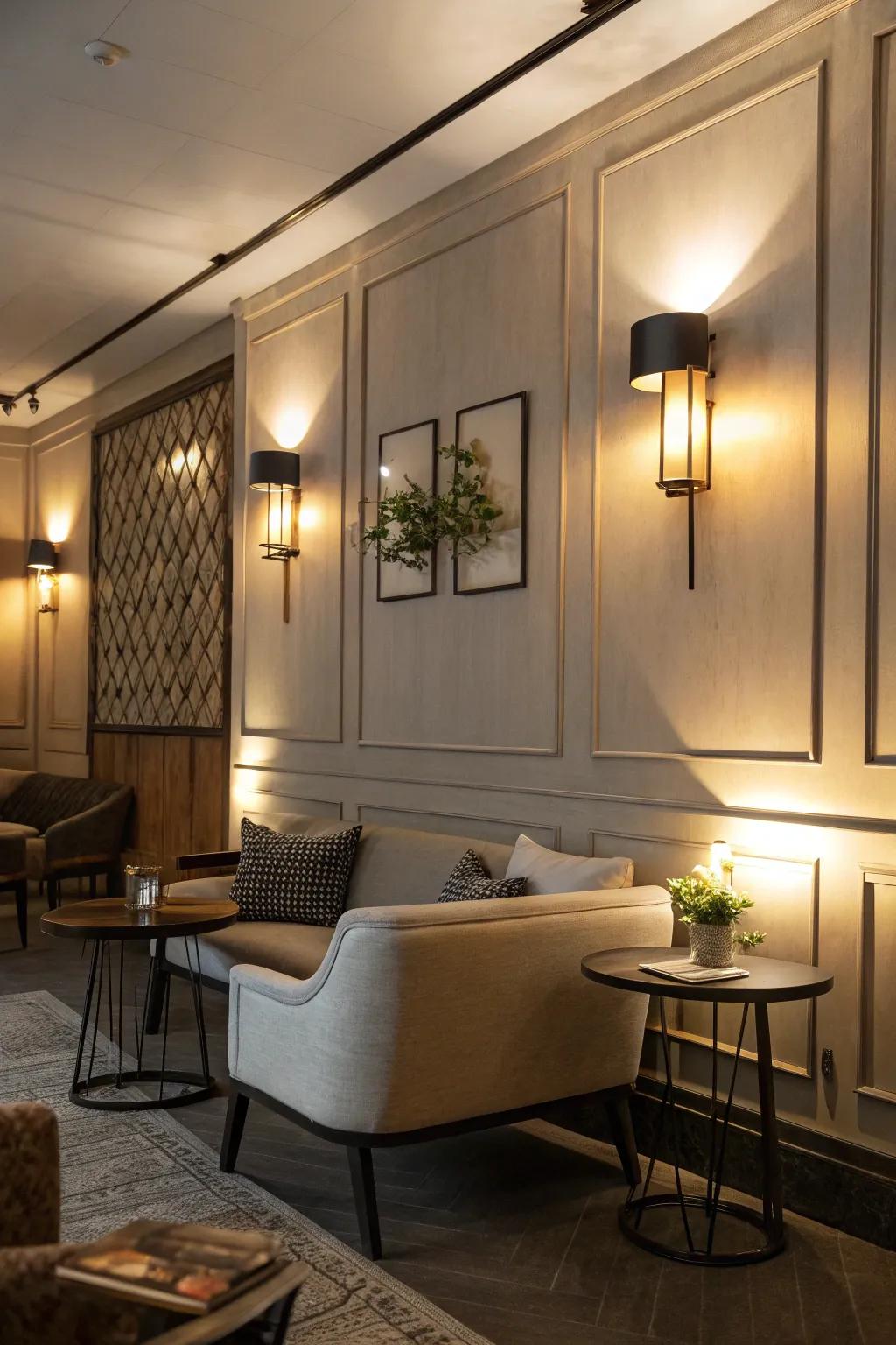 Upward-lighting sconces fashion a warm and inviting setting.